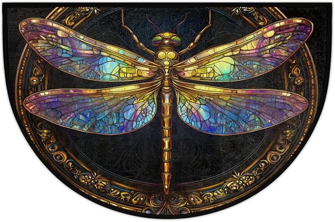 Dragonfly Half Round Door Mat Non Slip Half Circle Rugs | Black Art Washable Half Moon Rug Semi Circle Rugs Indoor Entrance Floor Carpet for Kithen Bedroom Fireplace Decor