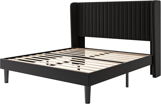 SHA CERLIN Queen Size Velvet Bed Frame, Tufted Wingback Headboard, Black | 47'' Modern Vertical Channel Headboard, Upholstered Platform Bed, Wood Slats, No Box Spring Needed, Easy Assembly, Noise Free