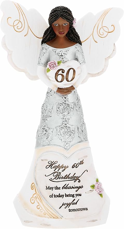 Pavilion Gift Company - Happy 60th Birthday - 6" Ebony African American Angel Figurine Religious Best Friend Bestie BFF God Jesus Lover Christian Christ Gift Present