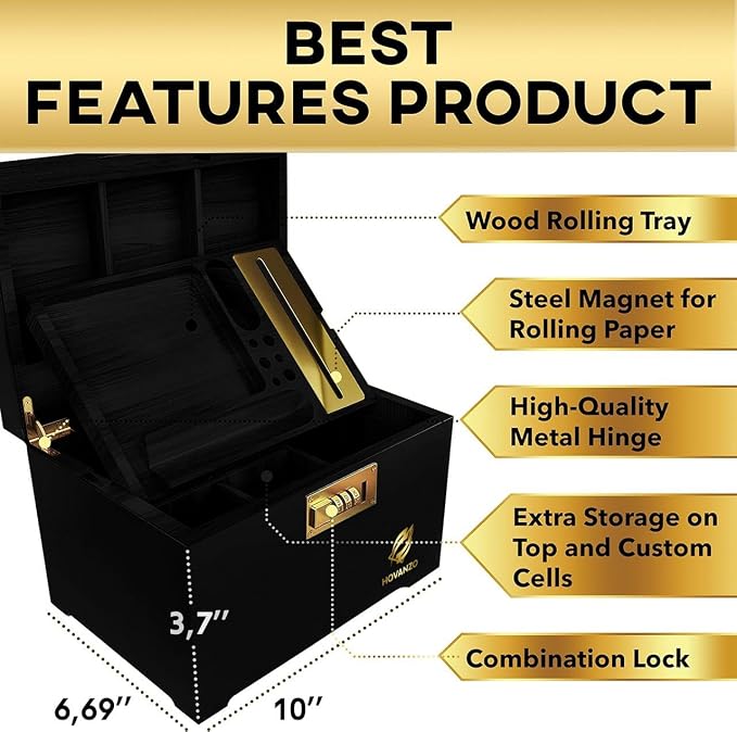 HOVANZO Premium Large Bamboo Storage Box with Organizer Tray - Storage Wood Box and Accessories - Decorative Box with Combination Lock - Large Wooden Container - Box Kit with Glass Jars