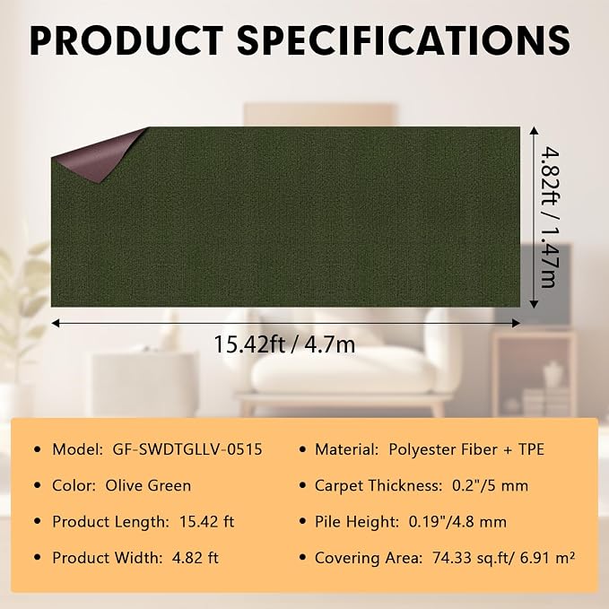 Grefinity Marine Carpet,5 FT x 15 FT Olive Green Indoor Outdoor Carpet 0.2" Thick Boat Rug with Water-Proof TPE Backing for Home, Patio, Porch, Deck