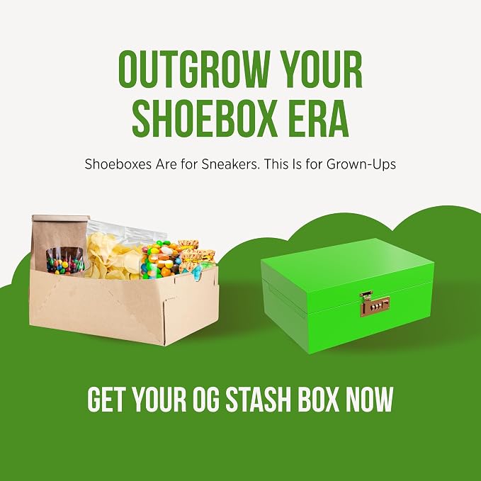 HASHSTASH The OG Storage Box - Large Bamboo Box with Combination Lock, Magnetic Lid, Organizer Tray, Airtight Tube and 3 Jars - Discreet Decorative Locking Wooden Box with Accessories (Neon Green)
