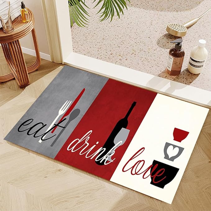 GUBIYU Red Gray Abstract Kitchen Area Rug, 2'11" x 1'11" (Runner), Non Slip, Fade Resistant, Polyester, Machine Made, All Seasons, Kitchen, Unisex, Limited Warranty