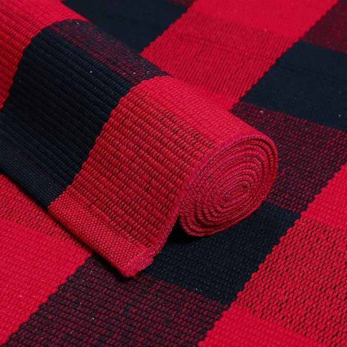 uxcell Buffalo Check Rug,Plaid Outdoor Rug,Layered Door Mat,Cotton Gingham Rugs,Floor Mat for Front Porch/Runner/Bedroom/Kitchen/Farmhouse 28"x18" Red & Black