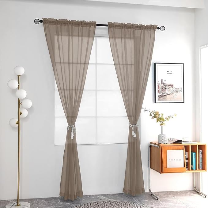 youleyar Solid Sheer Rod Pocket Curtain Voile Draperies 2 Panels White Beige - Image 2