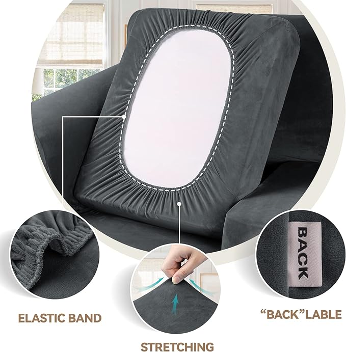 WEERRW Velvet Stretch Chair Sofa Slipcover - 2 Pieces Luxury Soft Velvet Plush Couch Cover Furniture Protector with Elastic Bottom for Pets, Machine Washable, Dark Gray, Small