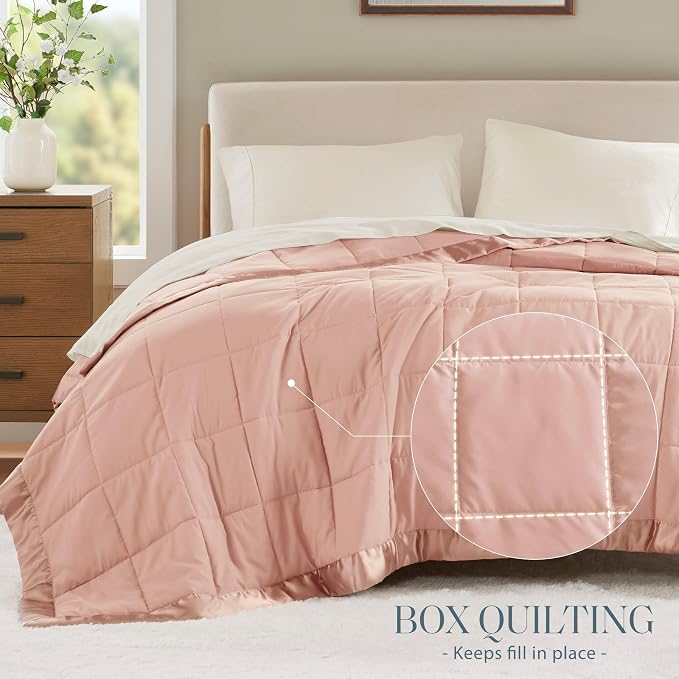 Madison Park Down Alternative Queen Blanket for Bed, Satin Trim, Blush | Lightweight Windom Blanket Full Size Premium 3M Scotchgard Moisture Wicking Treatment, OEKO TEX, Soft Bed Cover, All Season