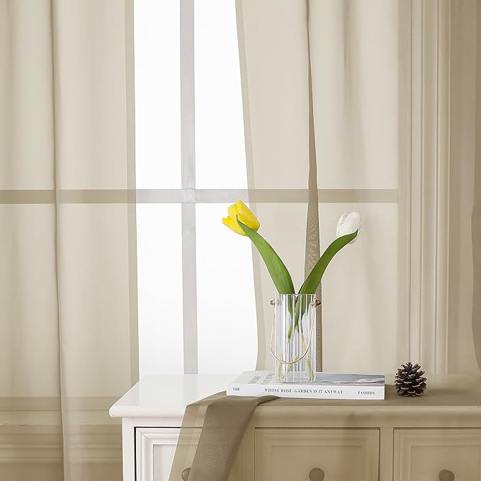 Lecloud Taupe Sheer Curtains 54 Inch Length 2 Panels Set, Balance Light & - Image 3