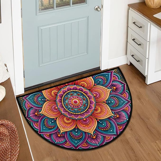 Flower Half Round Door Mat Semi Circle Rug Half Moon Doormat | Soft Washable Colorful Boho Welcome Entrance Mat for Outdoor Indoor Floor Bedroom Bathroom Home Kitchen Festival Decor