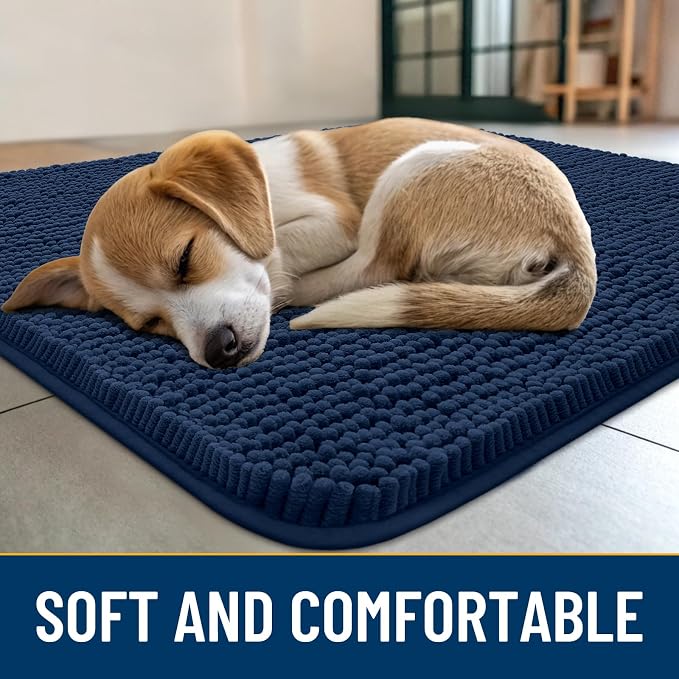 Smiry Dog Door Mat for Muddy Paws 44x32, Absorbent Dirt Trapper, Non-Slip Washable Chenille Entryway Rug for Inside Floor, Dark Blue, Classic Solid