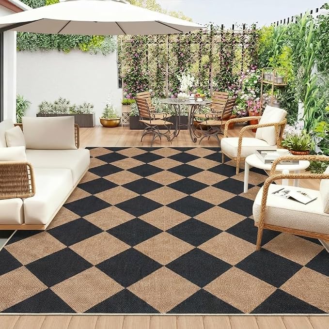 Garvee 5x7 Geometric Entryway Rugs Indoor, Easy Jute Washable Outdoor Patio Rugs with Non Slip Backing, Diamond Area Rugs for Living Room, Stain Resistant Mats for Bedroom Dining Room, Black/Brown