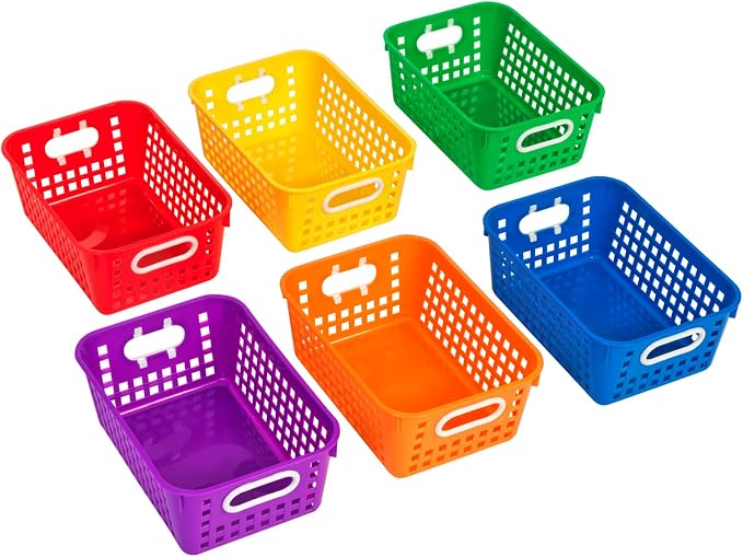 Really Good Stuff Medium Plastic Book Baskets, 11" by 7.5" by 4.5", 6-Pack | Rainbow Group Colors, Versatile Storage Solution for Classroom, Home, & Office