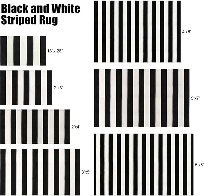 LEEVAN Outdoor Rug 5x7 Black and White Striped Patio Mat, Washable Farmhouse Front Door Decor, Cotton Reversible Balcony Rug, Foldable for Layered Porch
