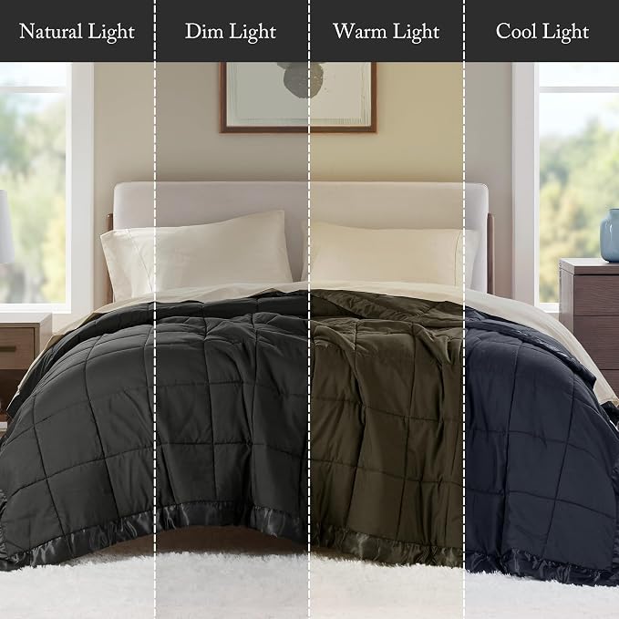 Madison Park Down Alternative Queen Blanket for Bed, Satin Trim, Black | Lightweight Windom Blanket Full Size Premium 3M Scotchgard Moisture Wicking Treatment, OEKO TEX, Soft Bed Cover, All Season