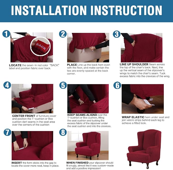 H.VERSAILTEX Wing Chair Slipcover Chair Covers for Wingback Chairs Wingback Chair Covers Slipcovers 1 Piece Stretch Sofa Cover Furniture Protector Soft Spandex Jacquard Checked Pattern, Burgundy Red