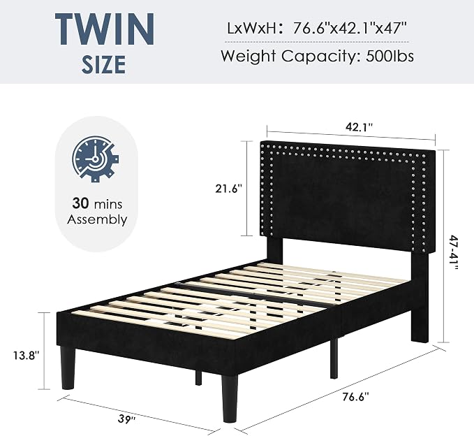 VECELO Twin Size Platform Bed Frame with Height Adjustable Upholstered Headboard, Modern Mattress Foundation,Strong Wood Slat Support, No Box Spring Needed, Easy Assembly,Black