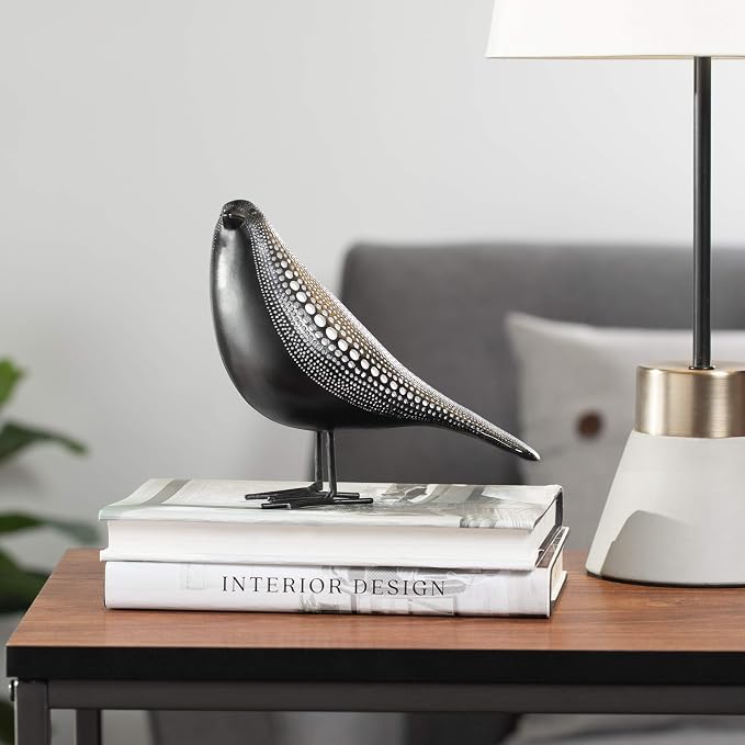 Torre & Tagus 6" Standing Bird Statue for Home Decor & Office Decoration, Black Finish with Indented White Polka Dots for Indoor Book Shelf, Entryway Console, Bedroom & Wedding Gift (Debossed Bird)