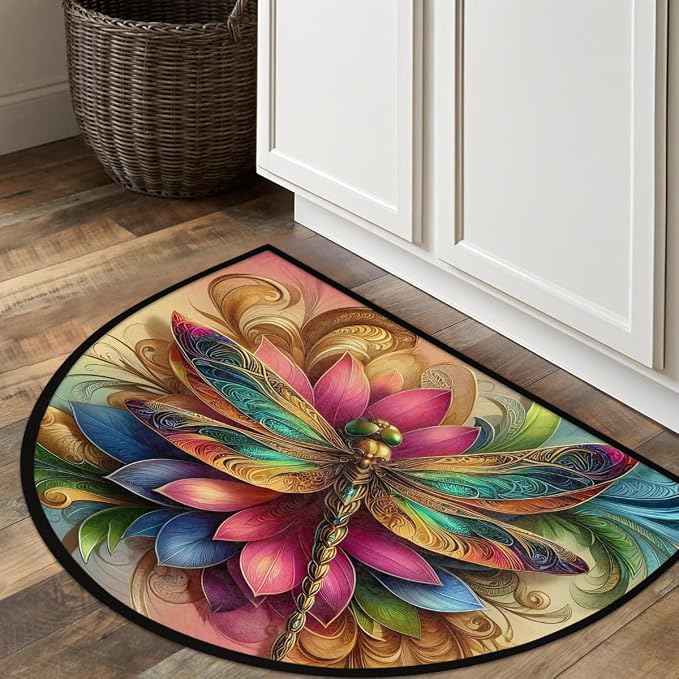 Pardick Half Round Doormat Dragonfly Flower Animal Semi Circle Rug Non Slip Indoor Outdoor Entrance Half Moon Rug Washable Front Floor Mat for Kitchen Bathroom Patio Fireplace Holiday Decor