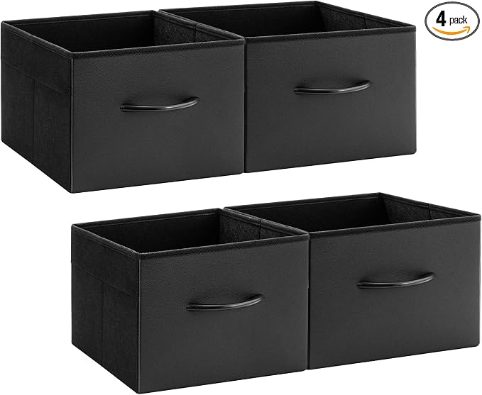 StorageWorks Black Storage Bins, Leather Front Fabric Storage Bins with Handles, Closet Organizers and Storage Bins, Organizer Baskets for Shelves and Closet, Collapsible Storage Baskets, 4-Pack
