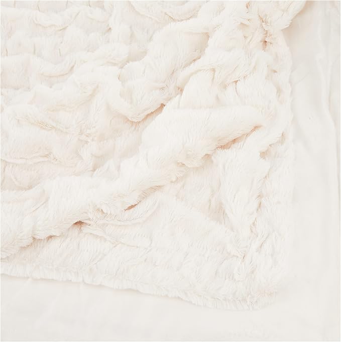 Comfort Spaces Ruched Throw Set Faux Fur Blanket, 50 x 60, 3 Piece, Ivory | Ultra Soft, Cozy Warmth for Sofa or Bed, Plush, OEKO-TEX Certified