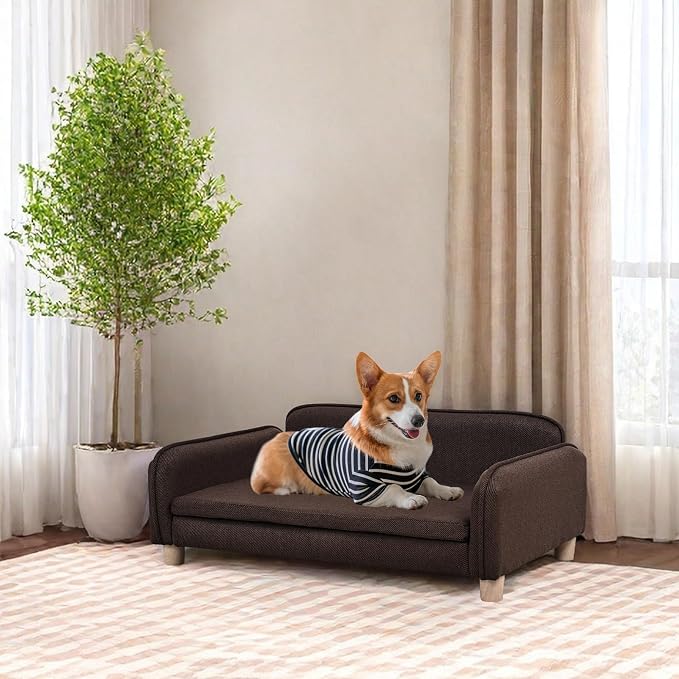 Big Sized Dog Bed -Wooden Frame Pet Sofa Couch, Washable Cushion Cat Couch, Linen Fabric Dog Sofa and Chair for Medium Pet Rest. (Brown)