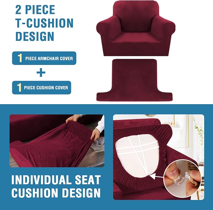 H.VERSAILTEX Sofa Cover 2 Piece T Cushion Armchair Slipcovers Velvet Couch Cover Furniture Protector Stretch T Cushion Sofa Covers for 1 Cushion Couch with 1 Individual T Cushion Covers, Burgundy