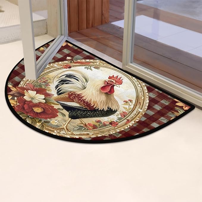 Half Round Door Mat Vintage Plaid Rooster Chicken Non-Slip Semi Circle Area Rug Washable Half Moon Hearth Rugs for Indoor Outdoor Bathroom Kitchen Patio Runner Mat Laundry Room Home Decoration