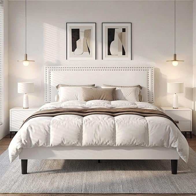 VECELO Queen Size Platform Bed Frame with Height Adjustable Upholstered Headboard, Modern Mattress Foundation,Strong Wood Slat Support, No Box Spring Needed, Easy Assembly,White
