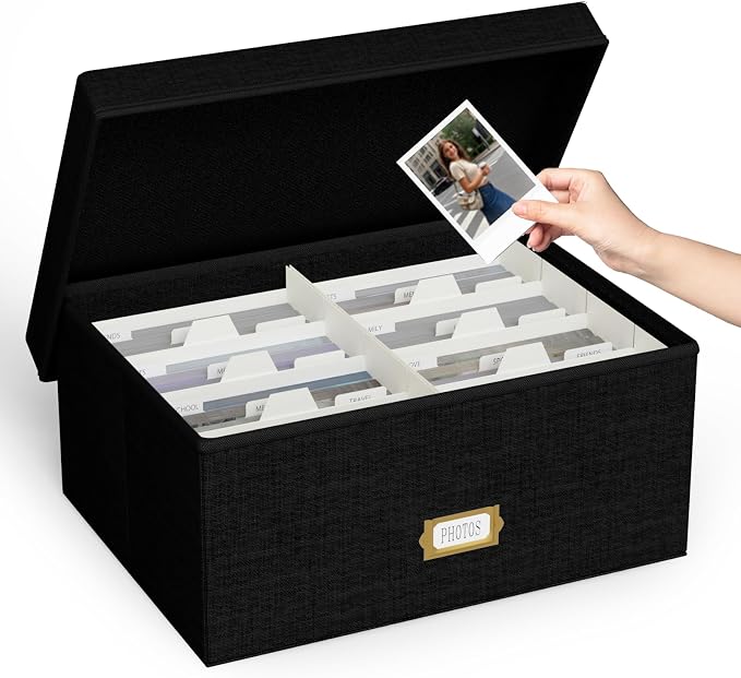 Decorative Photo Storage Box, Linen Photo Box Holds 1700 5x7 Pictures Black | Photo Storage Containers with 8 Dividers, Memory Keepsake Organizer for Photos, Scrapbook Supplies, Cards, Stamps,Archive Box