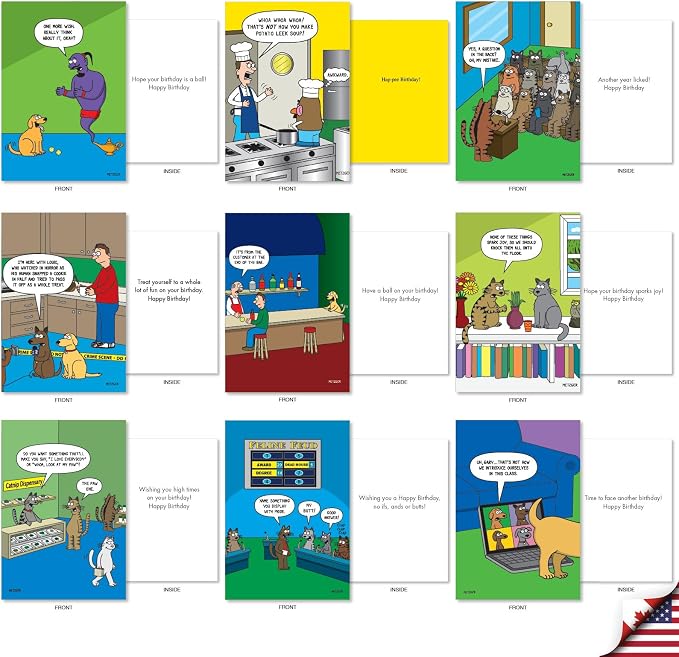 NobleWorks 36 Assorted Box Set Birthday Greeting Cards w/5 x 7 Inch Envelopes (36 Designs, 1 Each) Bday Metzger's Many Pets AC10614BDG-B1x36
