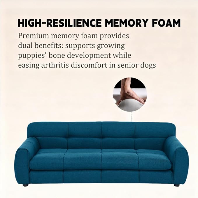 51" Dog Sofa Couch Bed for Small, Medium, Large Dogs, Soft Memory Foam Pet Sofa with Durable Linen Fabric, Comfortable Pet Couch with Backrest and Armrests, Easy to Clean and Maintain（Dark Blue）