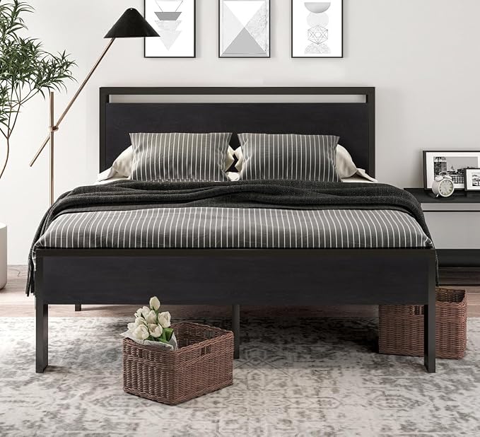 SHA CERLIN 14 Inch Queen Size Metal Platform Bed Frame with Wooden Headboard and Footboard, Mattress Foundation, No Box Spring Needed, Large Under Bed Storage, Non-Slip Without Noise, Black Oak