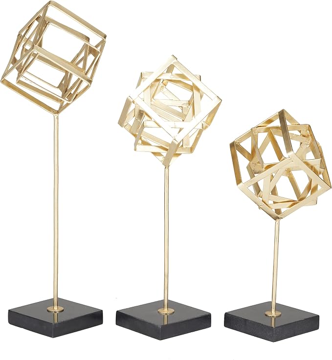 CosmoLiving by Cosmopolitan Marble Geometric Decorative Sculpture Home Decor Statues with Marble Base, Set of 3 Accent Figurines 19", 16", 13"H, Gold