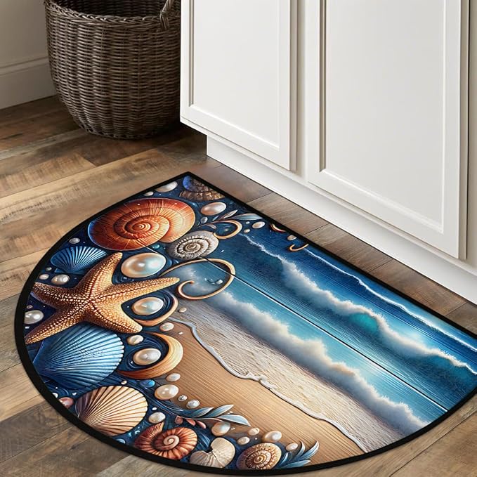 Beach Sea Shell Half Round Door Mat Non-Slip Semi Circle Rug Washable Half Moon Floor Rug Absorbent Bathroom Area Rugs for Outdoor Indoor Fireplace Mat Entryway Kitchen Decor Rugs