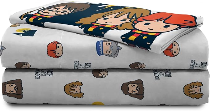 Jay Franco Kids Sheet Cartoon Set with Fitted, Flat Sheets & Pillow Cover - Ultra-Soft Bedding with Pillowcase for Room Decor, Grey - Harry Potter, 3 Piece Twin