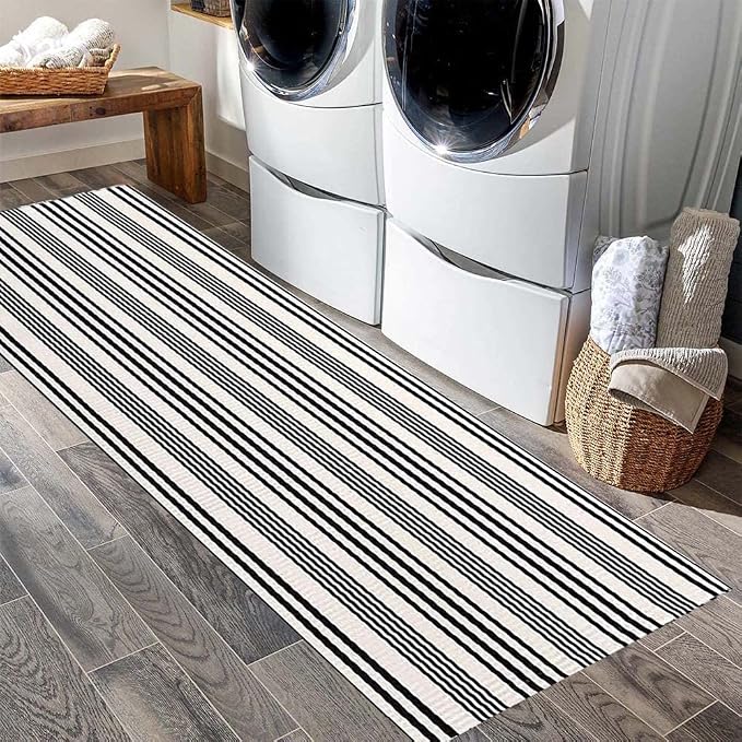 BUAGETUP Black and White Striped Hand-Woven Cotton Runner Rug 2x6ft Machine Washable Indoor Outdoor Doormat for Front Porch Entryway Rug