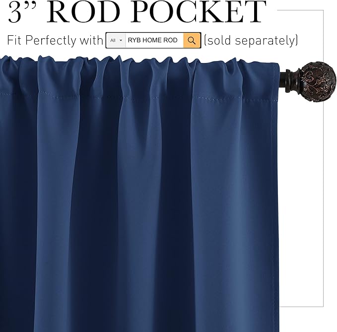 RYB HOME Blackout Curtains for Bedroom Living Room 63 inches Long, Thermal Insulated Privacy Rod Pocket Drapes for Nursery Office Home Theater, Width 42 by Length 63, Navy Blue, 2 Panels