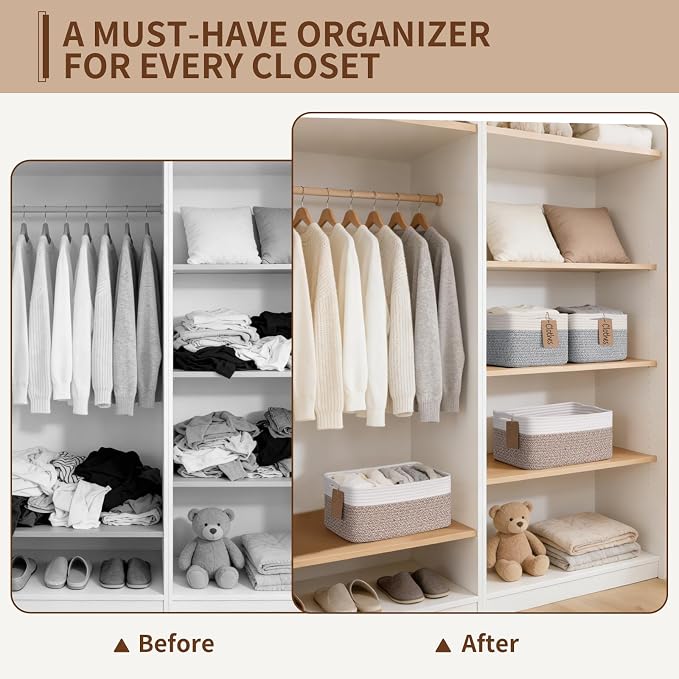 Goodpick 4 Pack Cotton Rope Storage Baskets for Shelves, Brown & White | 13" x 8" x 6", Rectangle, Woven Texture, Baby Toys, Diapers, Nursery Essentials, Decorative Gifts & Home Organization