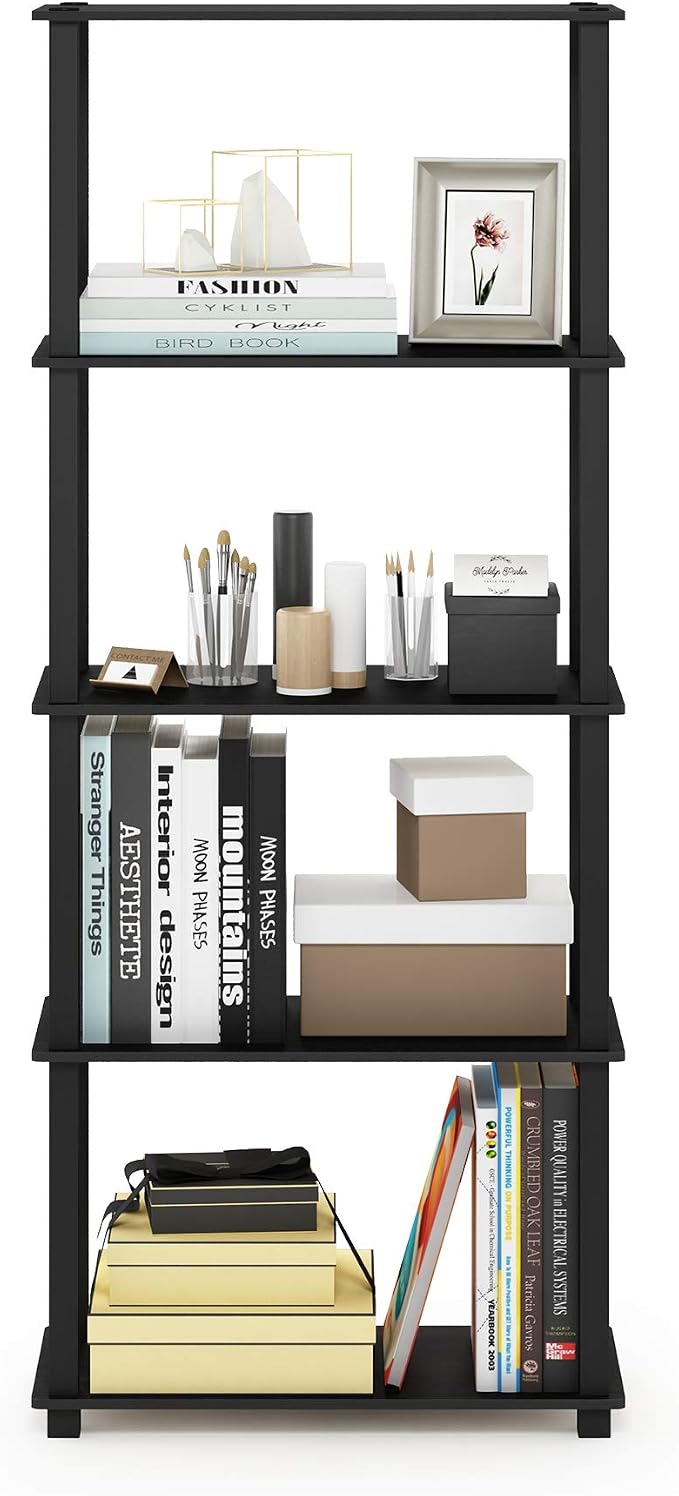 Furinno Turn-N-Tube 5-Tier Multipurpose Shelf / Display Rack / Storage Shelf / Bookshelf, Square Tubes, Americano/Black