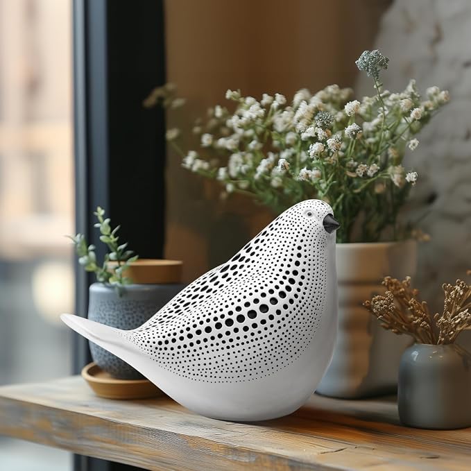 Torre & Tagus 5" Resting Bird Statue for Home Decor & Office Decoration, White Finish with Indented Black Polka Dots for Indoor Book Shelf, Entryway Console, Bedroom & Wedding Gift (Debossed Bird)