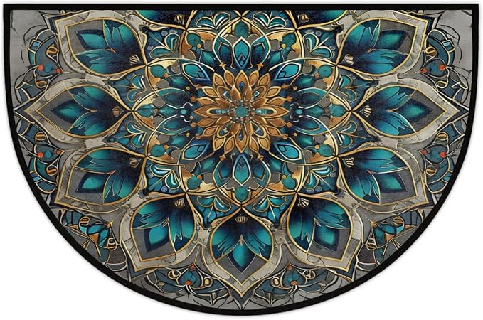 Mandala Green Half Round Door Mat Semi Moon Rug Fireplace Carpet Area Rugs | Mandala Turquoise Non Slip Absorbent Half Circle Mat Carpet for Indoor Outdoor Patio Kitchen Bathroom Entryway Home Decor