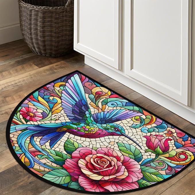 Rose Half Round Door Mat Non Slip Half Circle Rugs | Flower Bird Washable Half Moon Rug Semi Circle Rugs Indoor Entrance Floor Carpet for Kithen Bedroom Fireplace Decor