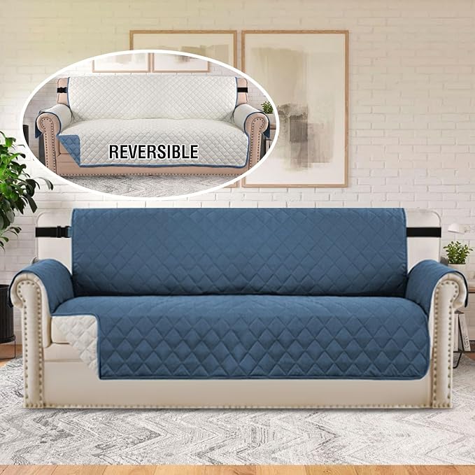 H.VERSAILTEX Sofa Slipcover Reversible Sofa Cover Seat Width Up to 78" Water Resistant Couch Cover with Elastic Strap Quilted Furniture Protector for Pets(Oversized Sofa, Dark Blue/Beige)