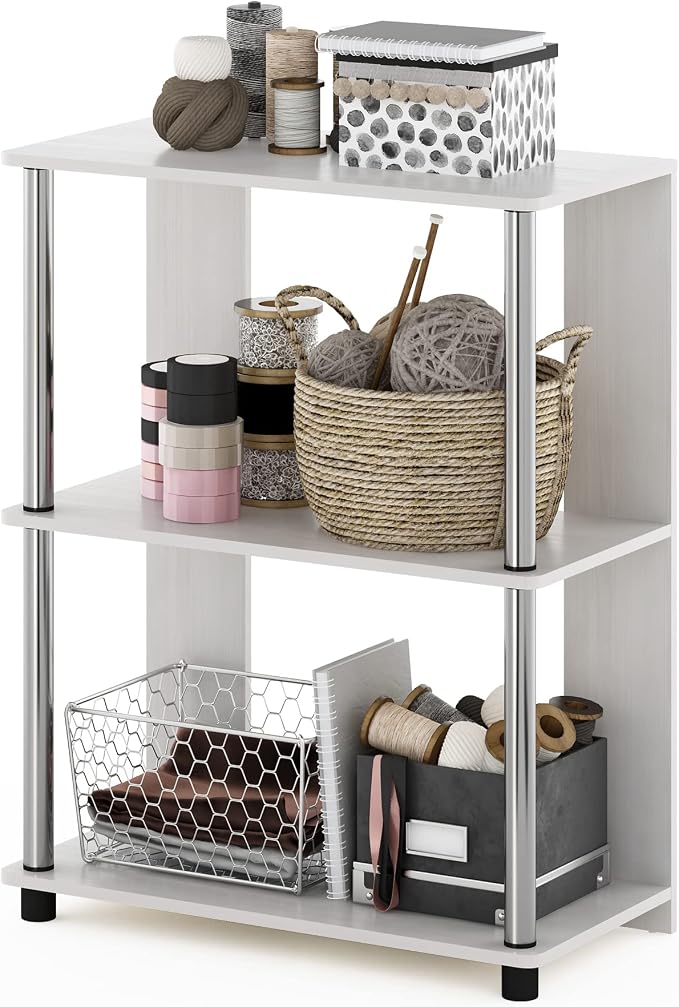 Furinno Jaya Simple Design 3-Tier Bookcase / Bookshelf / Display Rack with Stainless Steel Tubes, White Oak | 11.6 x 23.6 x 30, Storage Shelves, Shelving Unit, for Organization and Storage, Living Room, Garage, Home Office