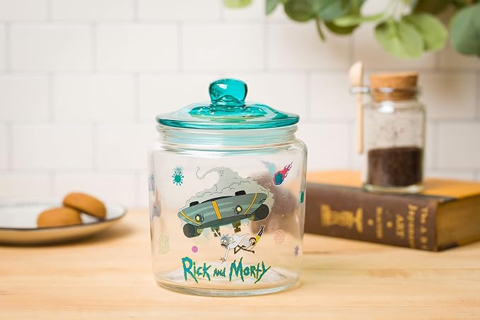 Silver Buffalo Rick and Morty Falling Ship, Glass Jar with Lid | Out of, Cookie Snack Candy, Small Size