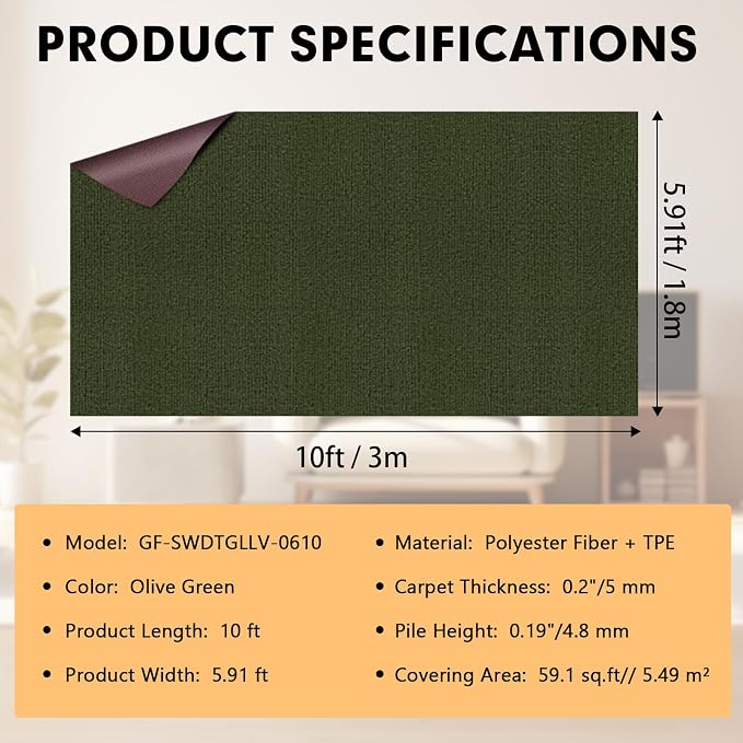 Grefinity Marine Carpet,6 FT x 10 FT Olive Green Indoor Outdoor Carpet 0.2" Thick Boat Rug with Water-Proof TPE Backing for Home, Patio, Porch, Deck