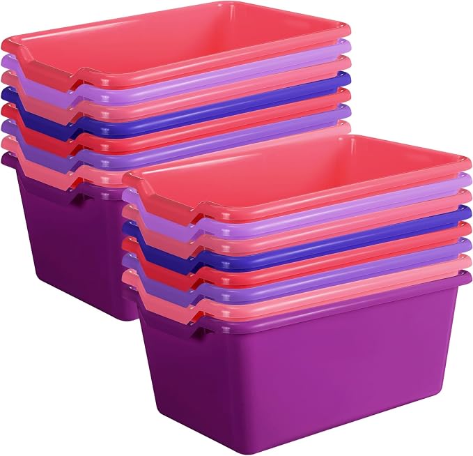 Dandat 32 Pcs Plastic Book Bins for Classroom Library Cubby Bins Scoop Front Stackable Toy Storage Tubs Containers for School Office Home Nursery Playroom Organization (Pink Series)