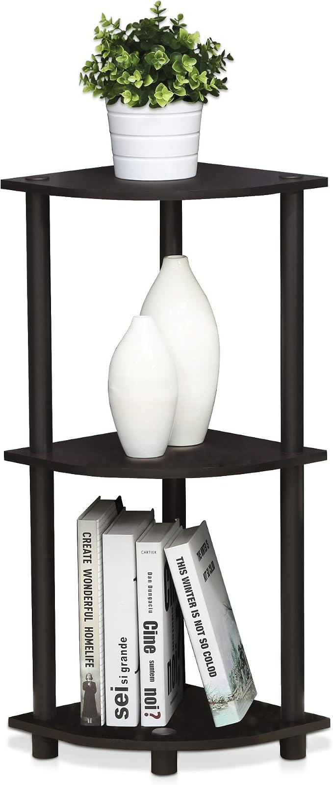 Furinno TURN-N-TUBE Corner Shelf, 3-Tier Corner Bookshelf, Display Storage Shelves with Open Shelves, for Organization and Storage, Living Room, Home Office, Garage, Dark Walnut