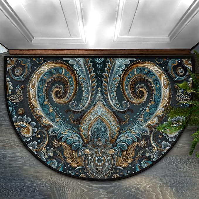 Paisley Half Round Doormat Non-Slip Semi Circle Rug Half Moon Mat | Ethnic Turquoise Washable Soft Absorbent Indoor Outdoor Entrance Kitchen Bathroom Sink Patio Welcome Fireplace Floor Rug