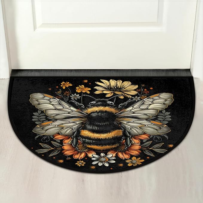 Half Round Doormat Bee Flower Black Washable Semi Circle Mat Non Slip Absorbent Half Moon Rugs for Indoor Outdoor Entrance Kitchen Bathroom Bedroom Patio Fireplace Floor Carpet Decor